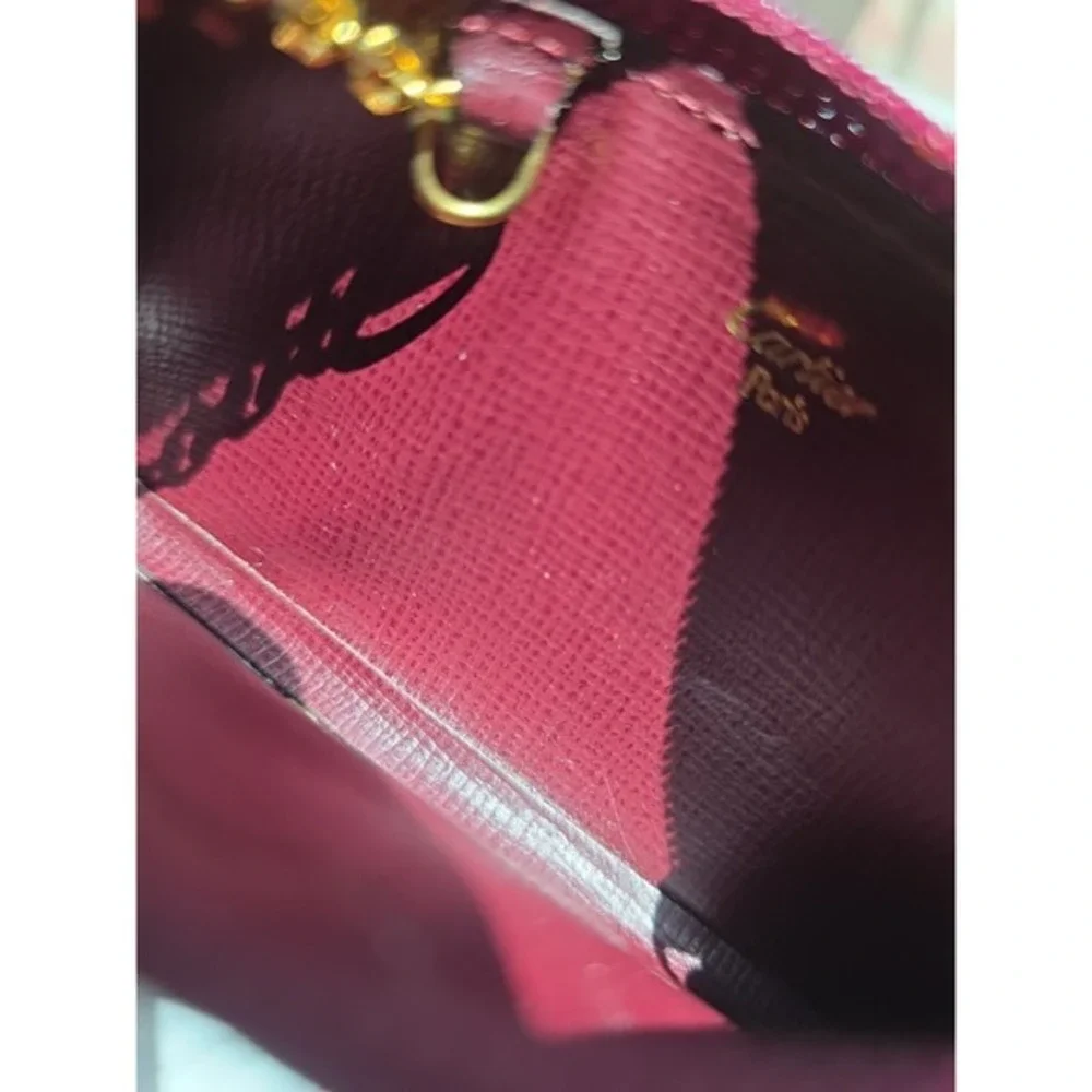 Cartier Burgundy Leather Key Cle Chain Card Holder Pouch Mini Burgundy Red Brown